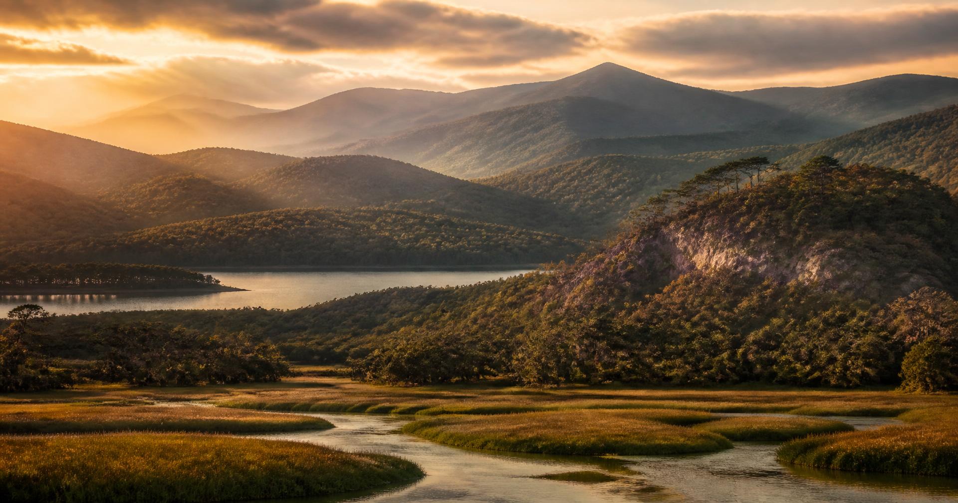 Sweeping Georgia landscape with Blue Ridge mountains, lake, and coastal marsh
